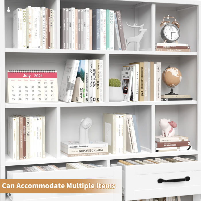 Bookcase Tall With 2 Doors & 2 Drawers, Fixed Open Shelves - White