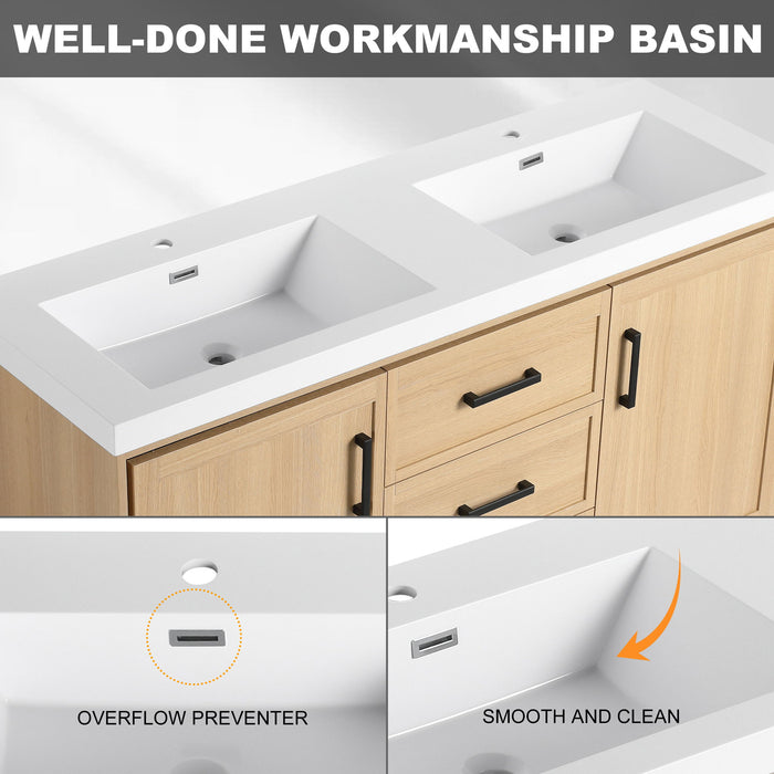 Original 60" Freestanding Bathroom Vanity With Double Resin Sink Plywood Soft Closing Doors & Drawers - Oak