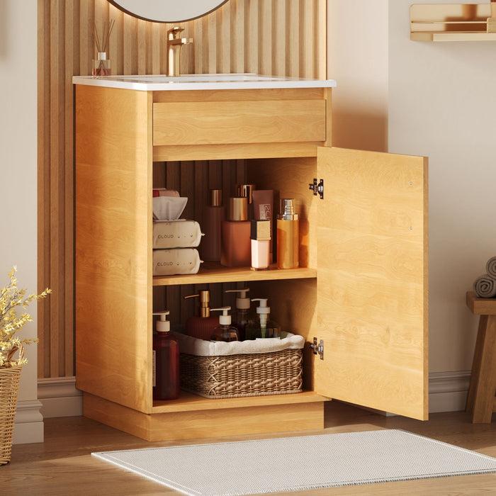 Bathroom Vanity With Sink, Freestanding Single Cabinet With Soft Closing Door And Adjustable Shelf - Natural Wood