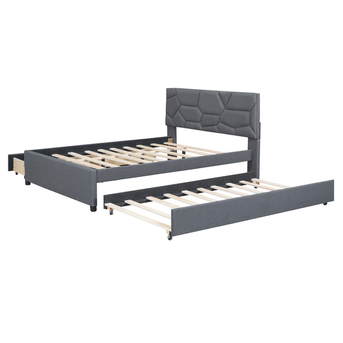 Upholstered Platform Bed With Brick Pattern Headboard And Twin Long Size Trundle