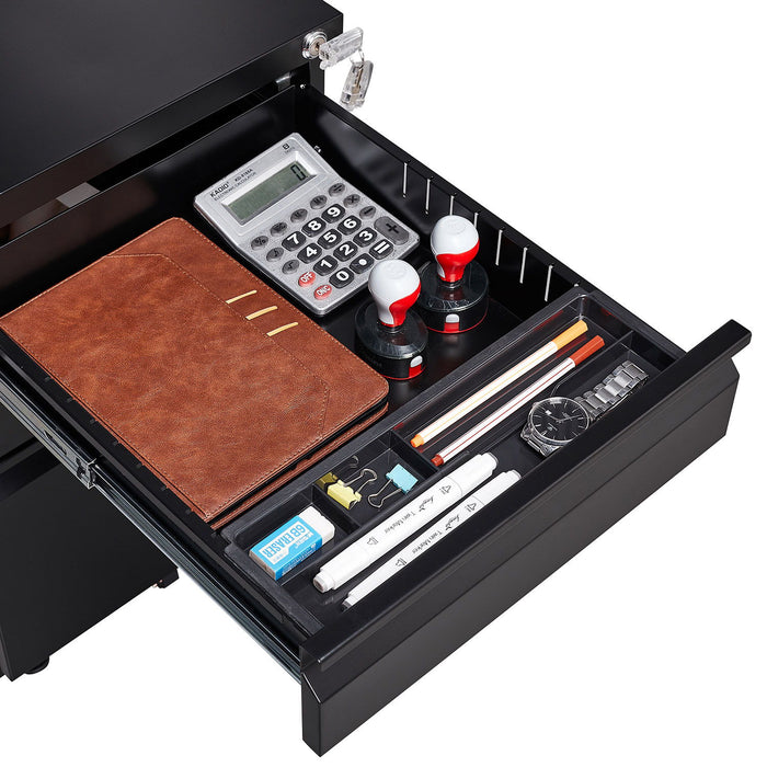 Contemporary Black 3 Drawer Mobile Filing Cabinet With Lock, Metal Office Storage For Legal / Letter Size
