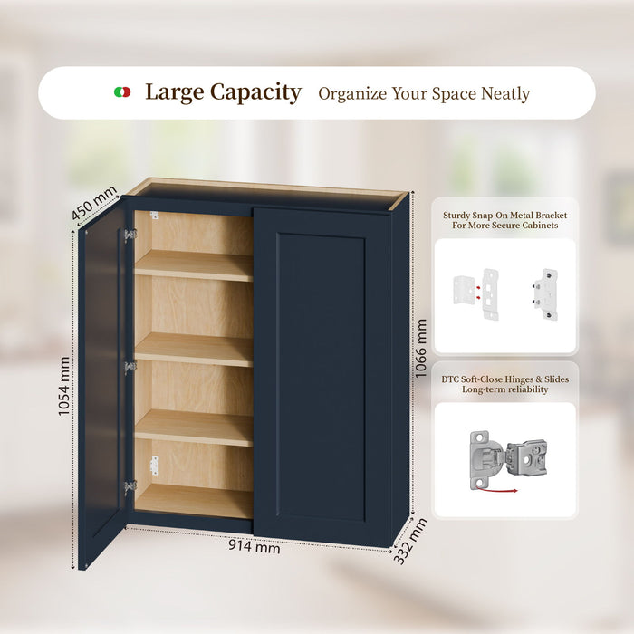 Shaker Wall Cabinet With Soft Close Hinges, Adjustable Shelves, Double Door