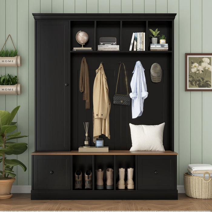 Hall Tree With Shoe Storage Bench, Entryway Coat Rack With 5 Hooks