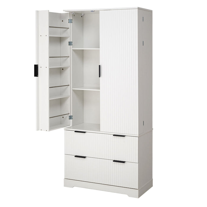 Fluted Kitchen Pantry Cabinet With 2 Large Drawers & 8 Door Spice Rack