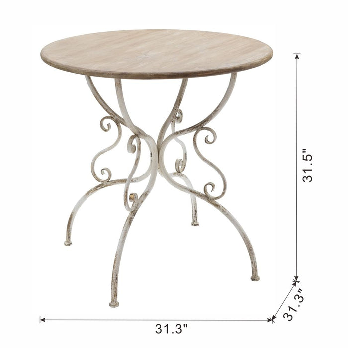 Round Wooden Table With Metal Scrollwork Legs - White Washed