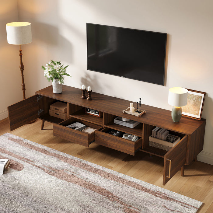 78" TV Stand For 85" TVs With Soft Close Doors, Open Shelf - Walnut