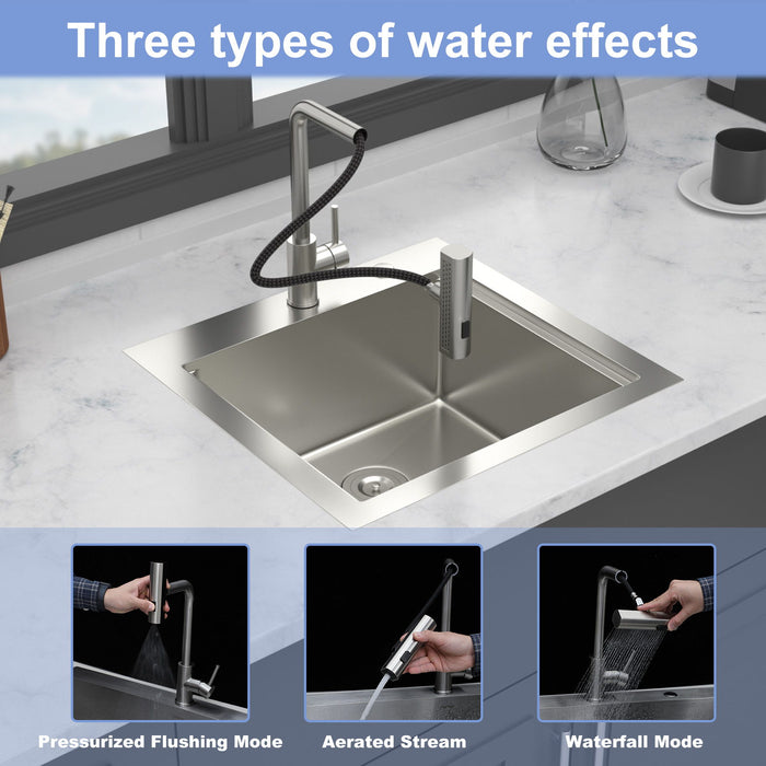 21" Drop In Kitchen Sink With Pull Out Faucet And Sink Cover, 16 Gauge - Brushed Nickel