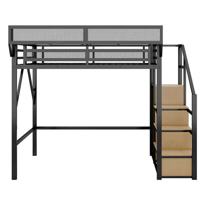 Full Size Loft Bed With Stairs With Storage Shelves With Wardrobe - Black