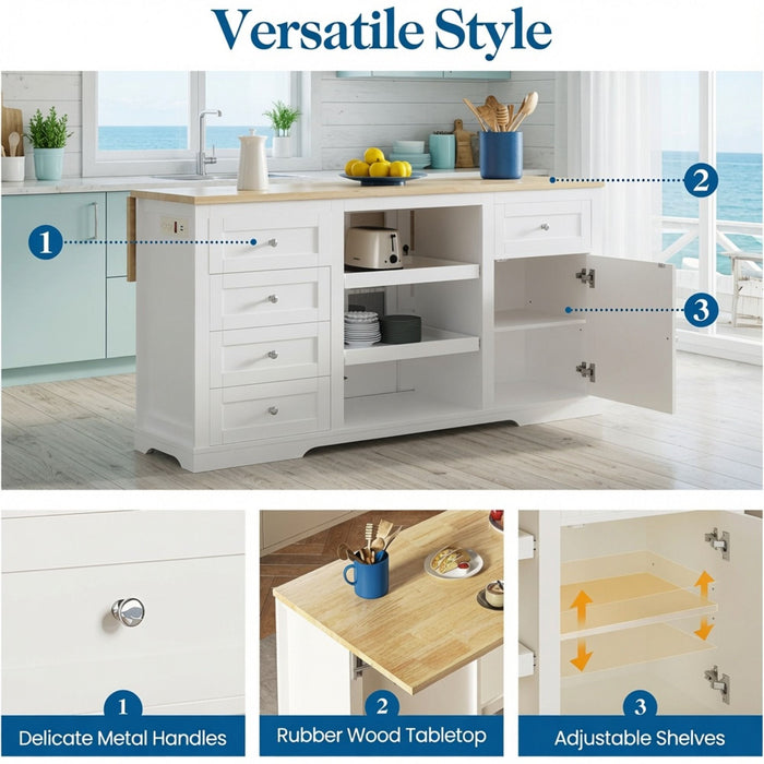 Drop Leaf Kitchen Island With Storage, Power Outlet & Pet Bowl Drawer - White / Light Oak