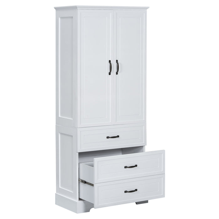 Tall Bathroom Storage Cabinet With 2 Doors And Drawers, Adjustable Shelf - White