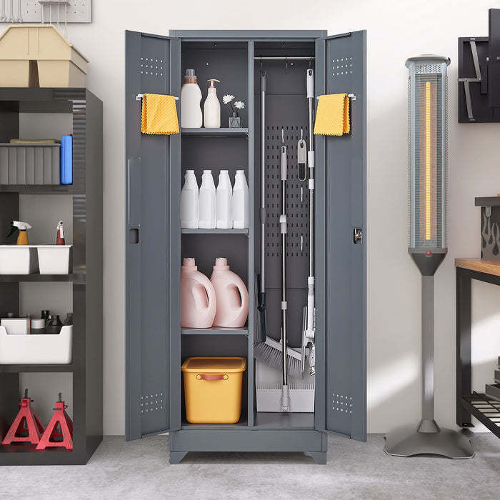 Heavy Duty Storage Cabinet With Locking Doors, Hanging Rod & Shelves, Broom Closet - Gray