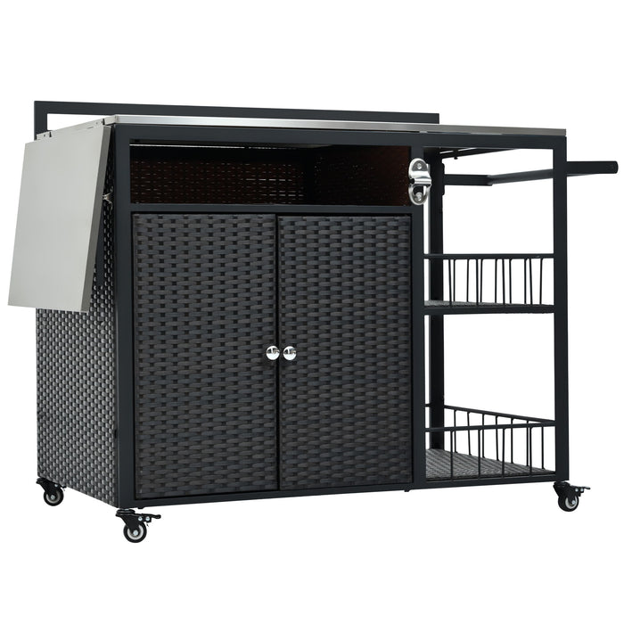 Outdoor Kitchen Island With Storage, Cooking Station, Grill Cart, Foldable Tabletop, And Bottle Opener - Dark Brown