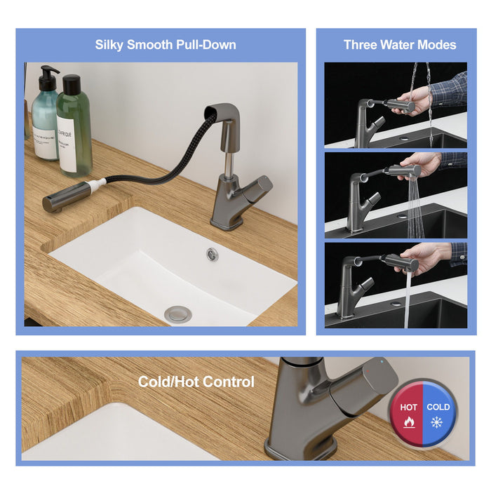 Pull Down Bathroom Sink Faucet With 3 Water Modes And Stainless Steel Construction - Gunmetal Black