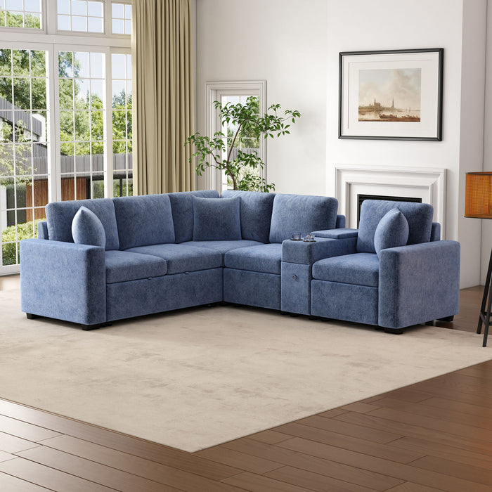 Contemporary L Shaped Convertible Sofa Bed With Pull Out Bed, Cup Holders, And Storage