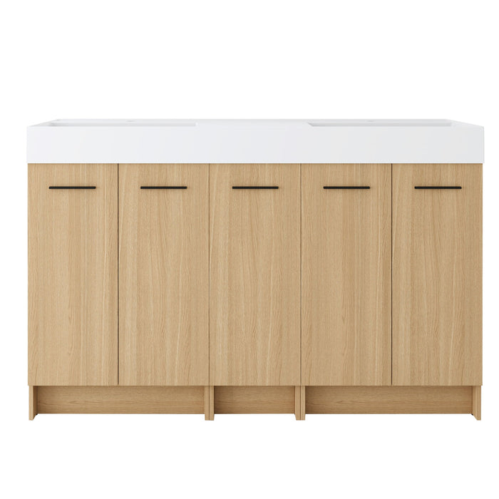 Double Sink Bathroom Vanity With Extra Large Storage, Integrated Sink, Freestanding Cabinet, Soft Close Doors - Glossy White / Light Oak