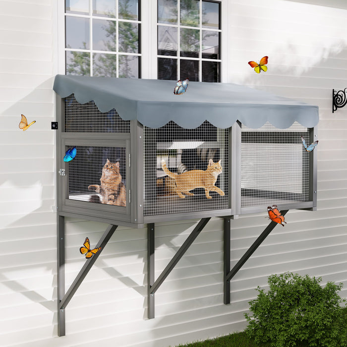 Window Perch Catio For Indoor Cats, Expandable Enclosure With Secure Frame And Waterproof Roof, Suitable For Multiple Kittens - Gray