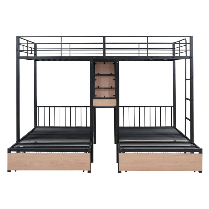 Triple Bunk Bed With Drawers, Multi-Functional Frame With Desks And Shelves In The Middle