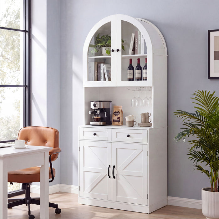 Tall Arched Pantry Cabinet With Charging Station, Adjustable Shelves, Coffee Bar