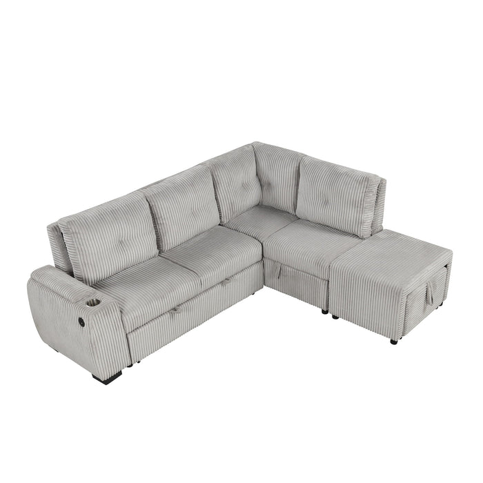 Pull-Out L-Shaped Sectional Sofa With Movable Ottoman And Stool, Large Storage Space, A Cup Holder, And 2 USB Ports For Living Room