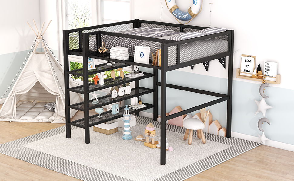 Loft Bed With 4 Tier Shelves And Storage