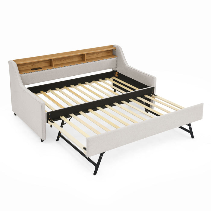 Upholstered Sofa Bed With LED Lights, Storage Headboard, Foldable Trundle & Wireless Charging