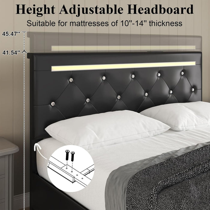 Upholstered Bed Frame With LED Lights, 4 Storage Drawers, Charging Station