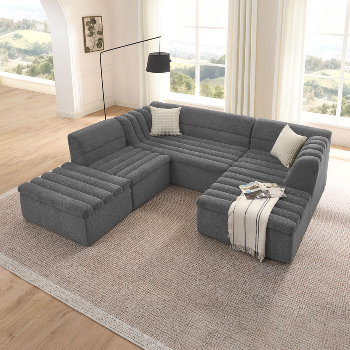 U-Shaped Modular Sectional Sofa With Chaise And Movable Ottoman With Wave-Shaped Armrest