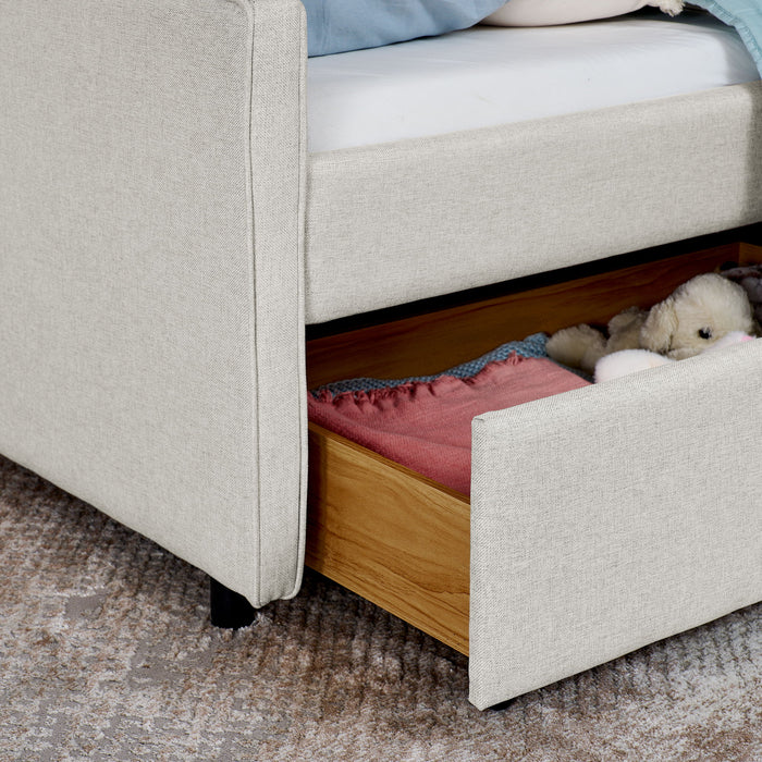 Twin Upholstered Sofa Bed With LED Lights, Storage Drawers, Adjustable Headboard & Wireless Charging - Beige