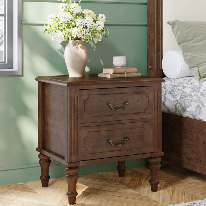 Fluted Nightstand With 2 Drawers, Bedside Table - Walnut