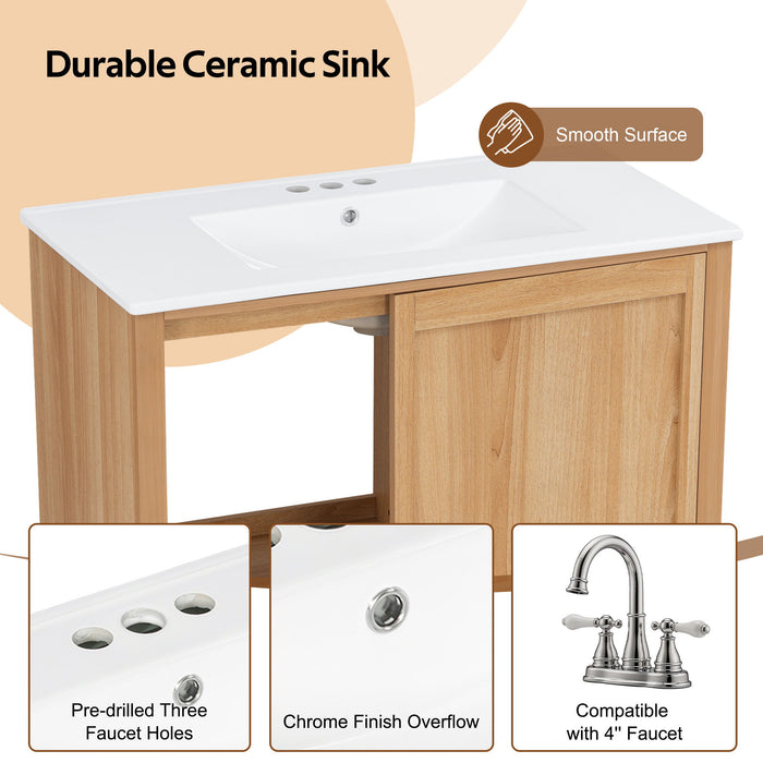 36" Bathroom Vanity With Sink, Soft Close Drawers - Natural