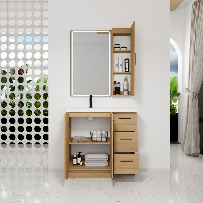 Freestanding Bathroom Vanity Set With Tall Linen Cabinet, 3 Drawers And Large Storage, Single Sink