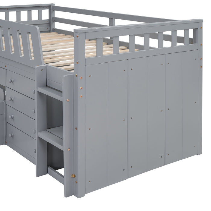 Loft Platform Bed With 7 Drawers And Full Guardrails, Modern L Shaped Space Savin