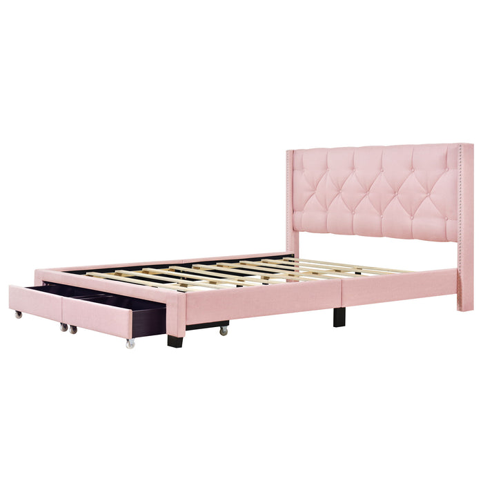 Queen Size Storage Bed Linen Upholstered Platform Bed & Two Drawers - Pink