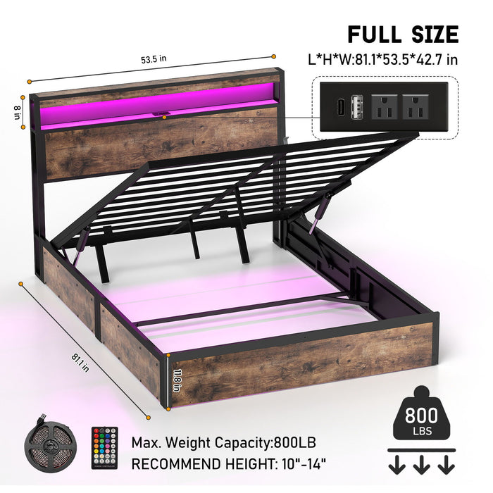 Frame With Hydraulic Lift Storage, RGB LED Lights & Multi-Port Charging, No Box Spring Needed