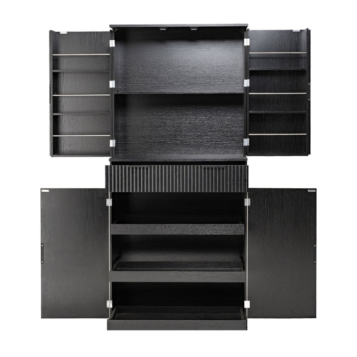Fluted Kitchen Pantry Cabinet With 3 Keyboard Drawers & 6 Adjustable Door Shelves