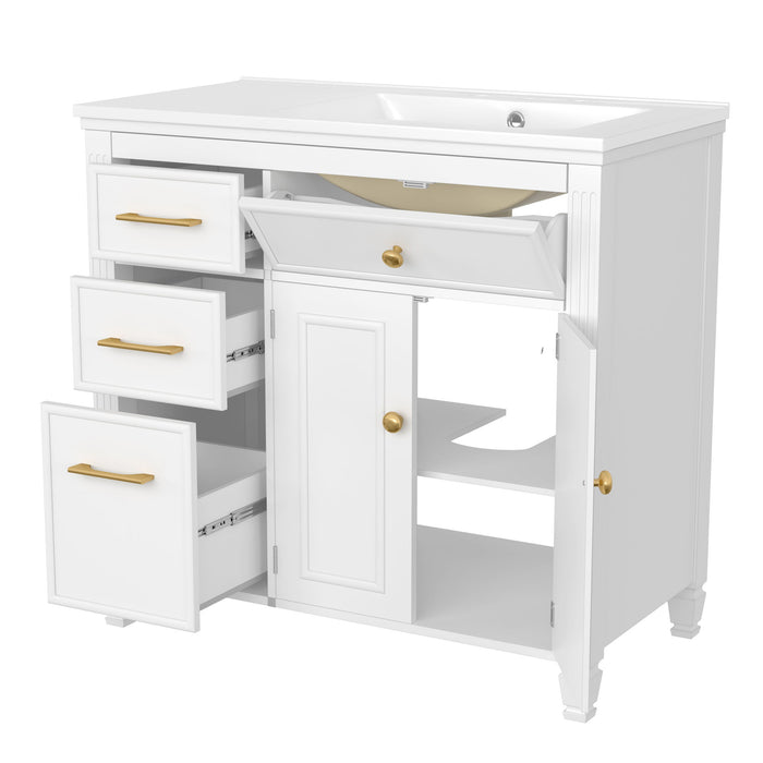 Modern Bathroom Vanity With Ceramic Sink, Freestanding, One Tip Out Drawer, 3 Side Drawers, Adjustable Shelf