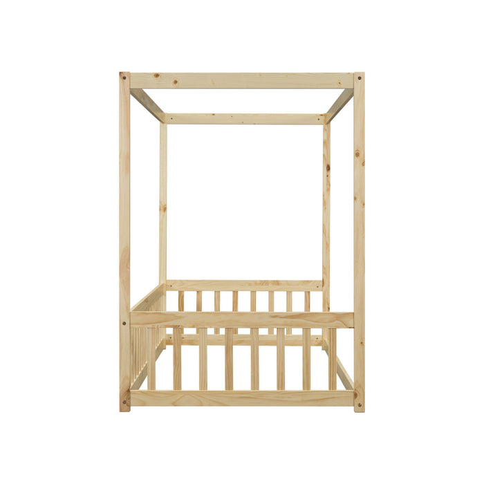 Canopy Frame Floor Bed With Fence, Guardrails