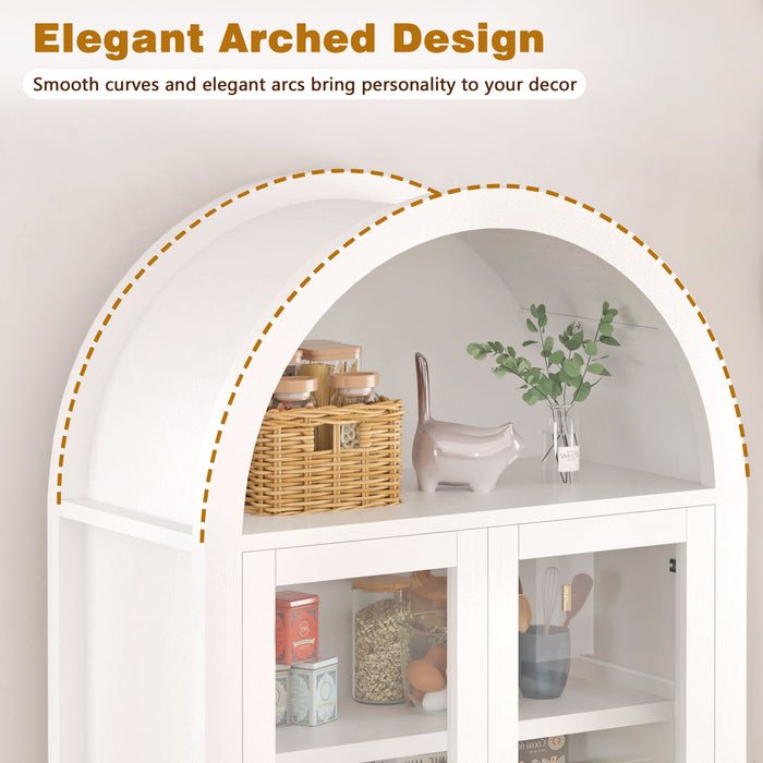 Fluted Tall Arched Pantry Cabinet With Adjustable Shelves, Glass Door & Hidden Drawer For Kitchen