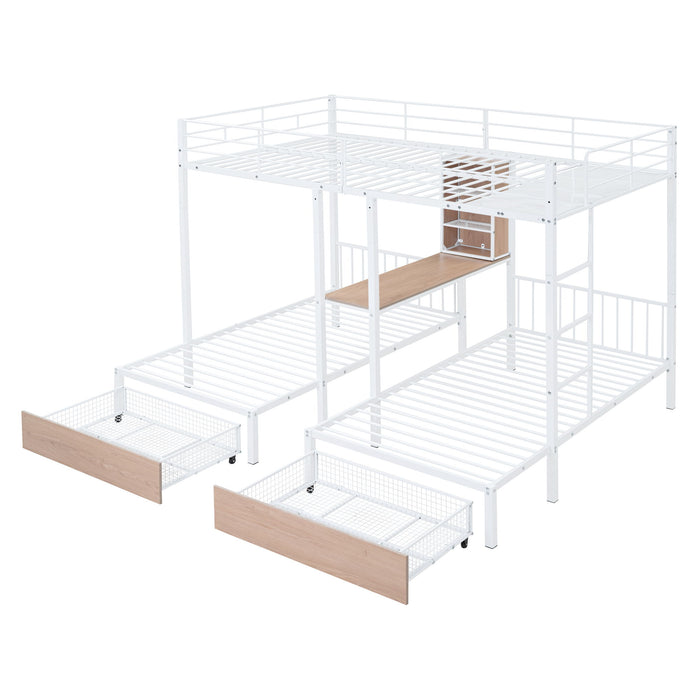 Triple Bunk Bed With Drawers, Multi-Functional Frame With Desks And Shelves In The Middle