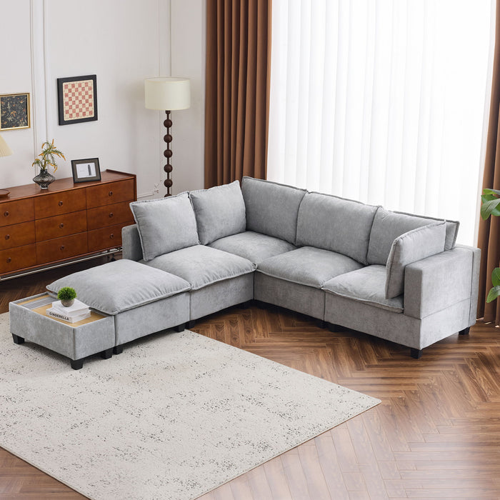 U-Shaped Sectional Modular Sofa With A Movable Ottoman, A Coffee Table With Hidden Charging Devices For Living Room