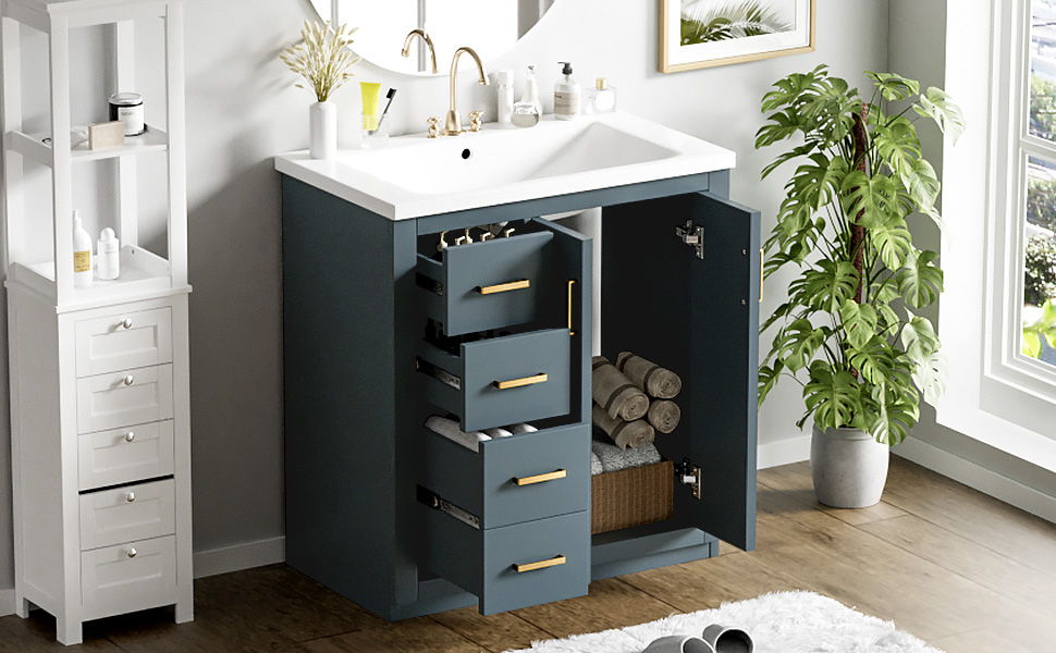 Ceramic Sink Combo, Freestanding Vanity Set With 3 Drawers & Soft Closing Doors