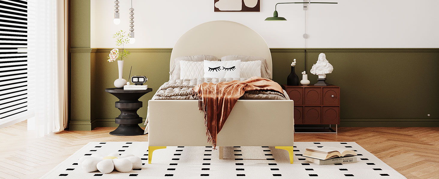Upholstered Platform Bed With Classic Semi-Circle Shaped Headboard