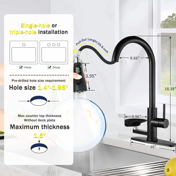 3 In 1 Kitchen Faucet With LED Temperature Display, Pull Down Sprayer