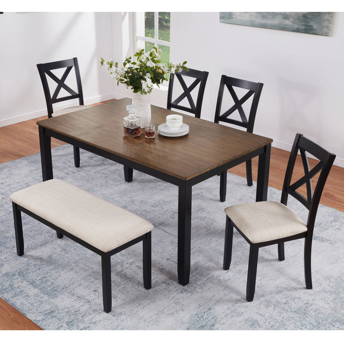 6 Piece Dining Table Set With Bench - Beige / Black / Oak
