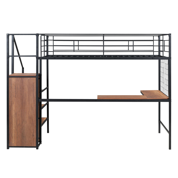 Loft Bed With Desk And Grid, Stylish Frame With Lateral Storage Ladder And Wardrobe