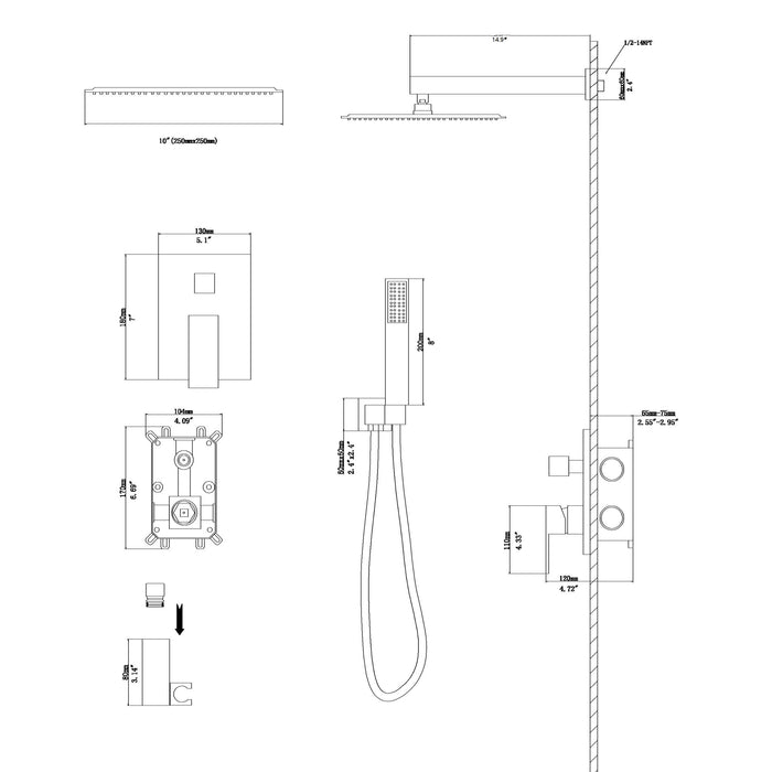 Dual Shower Head 10" Wall Mounted Square Shower System