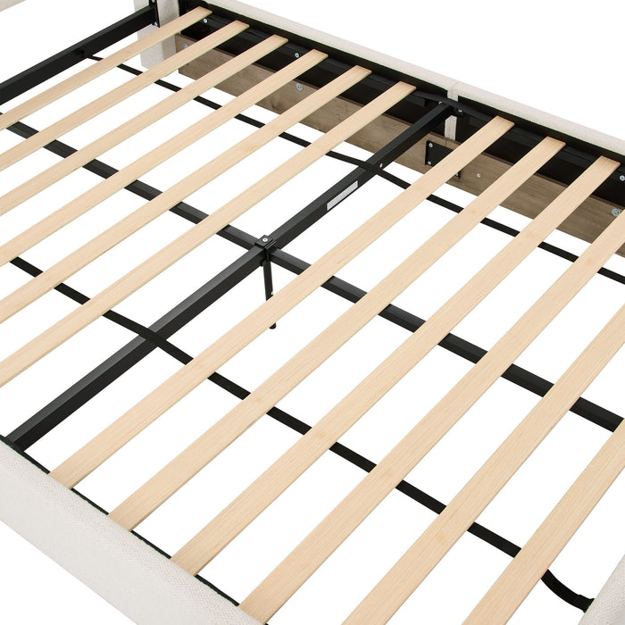Linton - Queen Size Upholstered Platform Bed - Cream White / Light Grey / Camel Oak