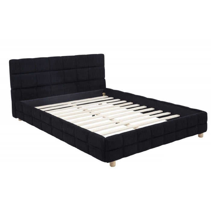 Modern Platform Bed With Upholstered Grid-Patterned Headboard