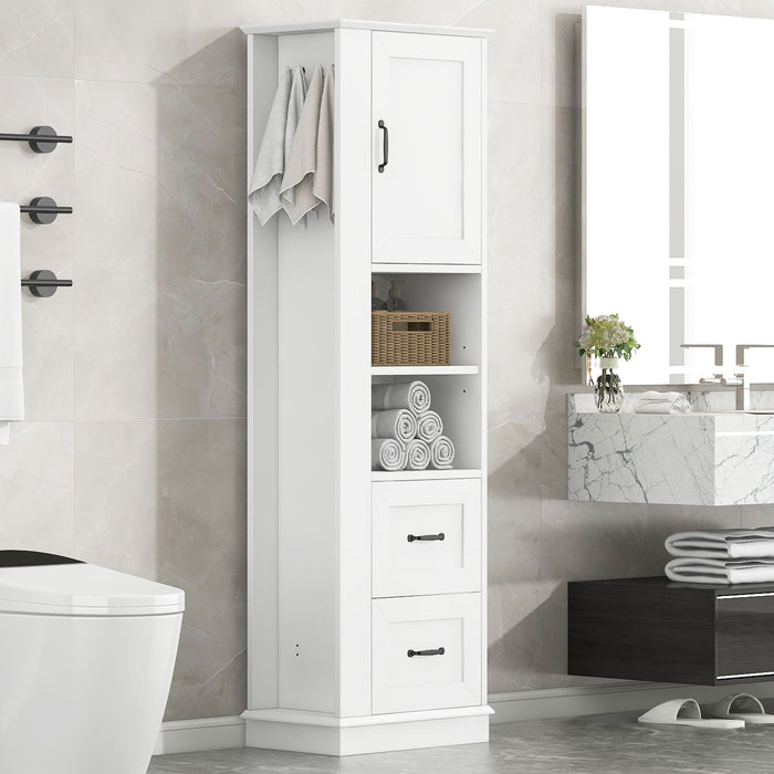 Freestanding Bathroom Storage Cabinet With Adjustable Shelves And Side Hooks Board, Rectangle Design