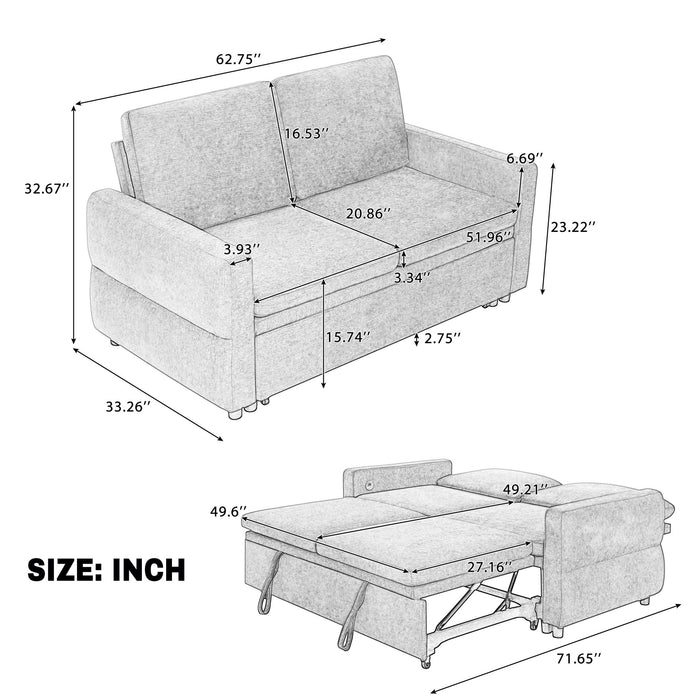 Convertible Sofa Bed Loveseat With Adjustable Backrest And USB Ports